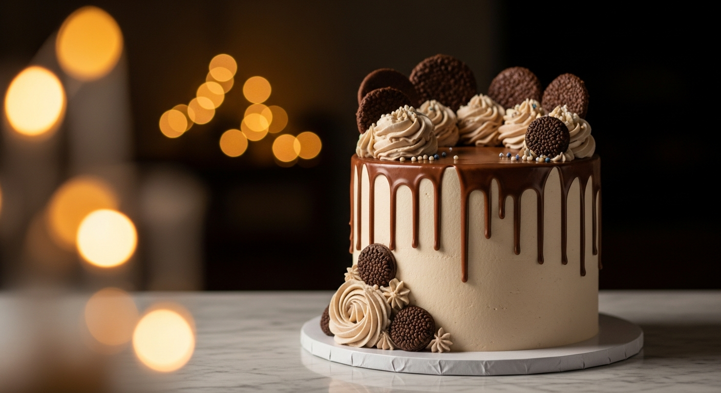 Custom decorated cake on marble surface with warm lighting