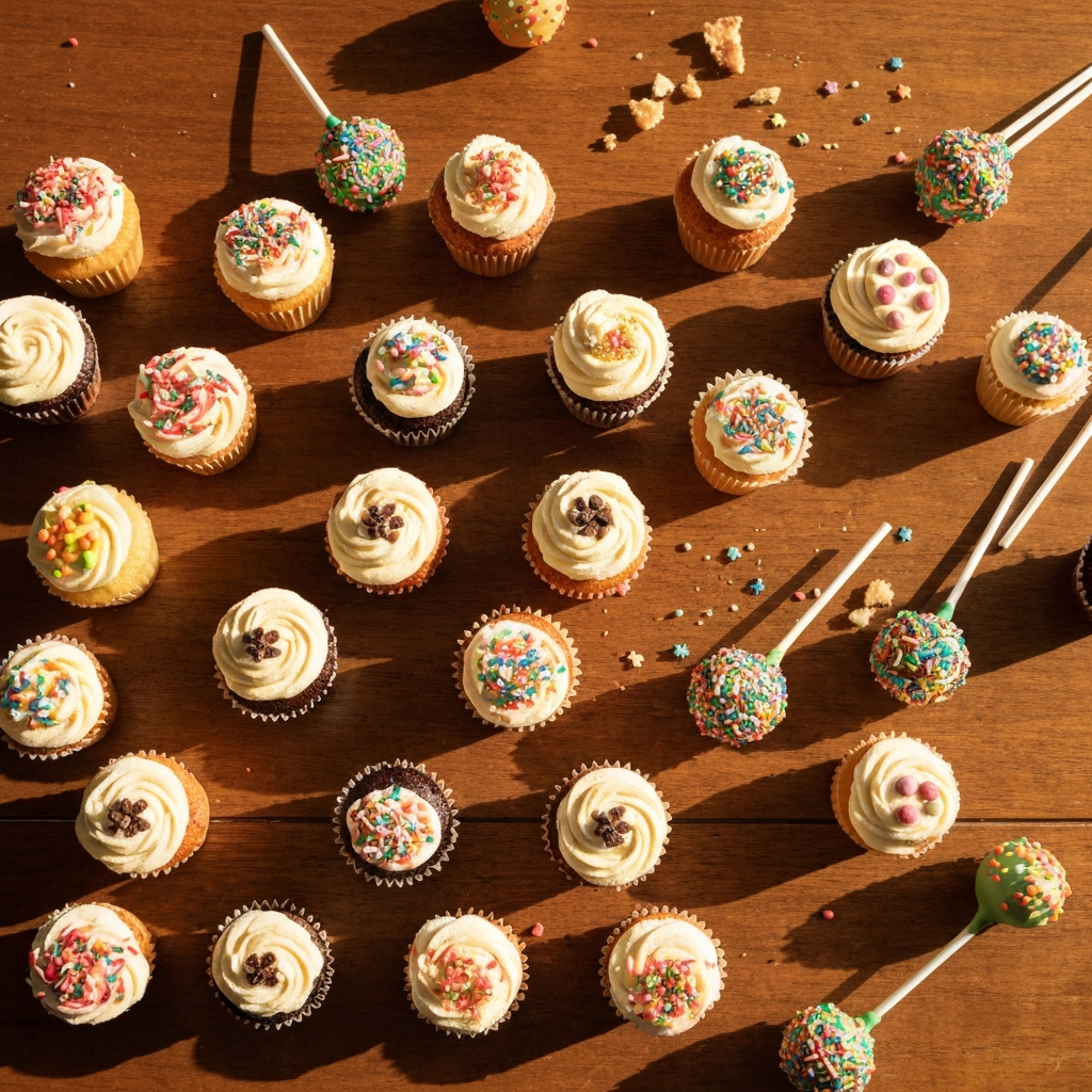 Dessert table spread with cupcakes and cake pops