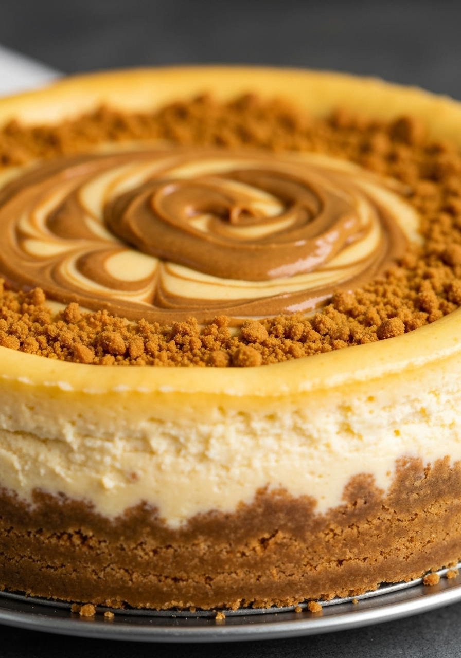 Lotus Biscoff Cheesecake with cookie butter swirl