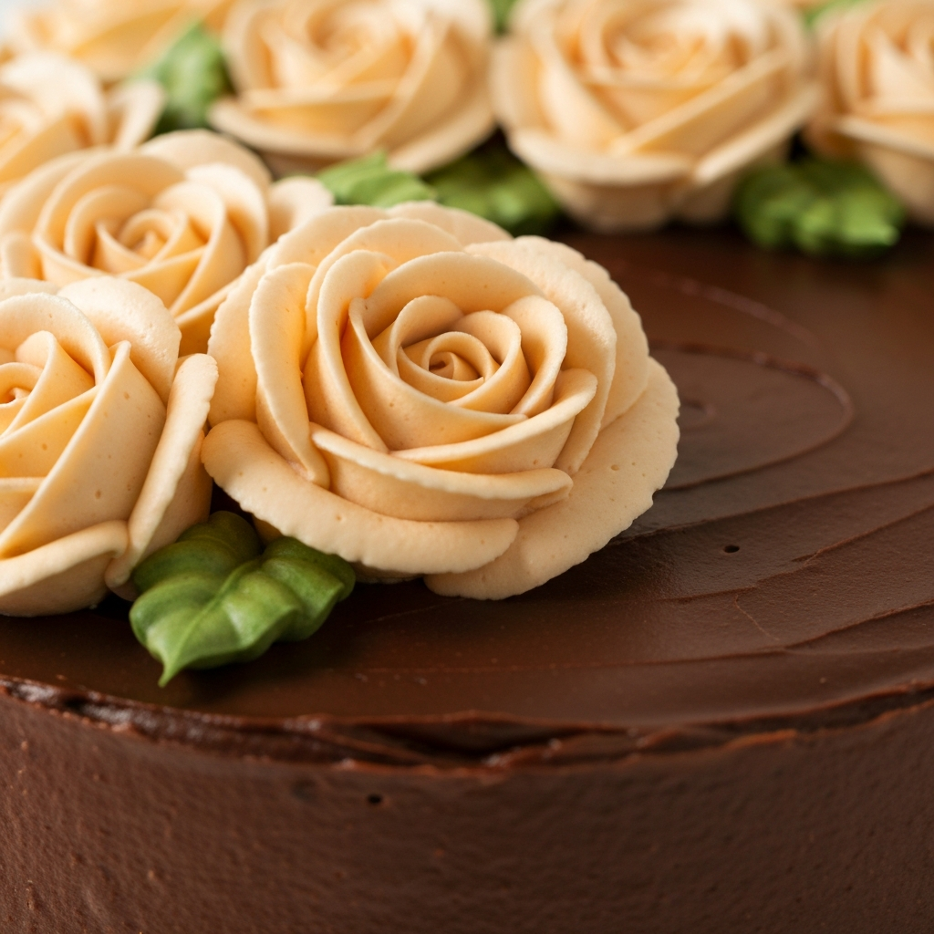 Close-up of buttercream rose piping detail