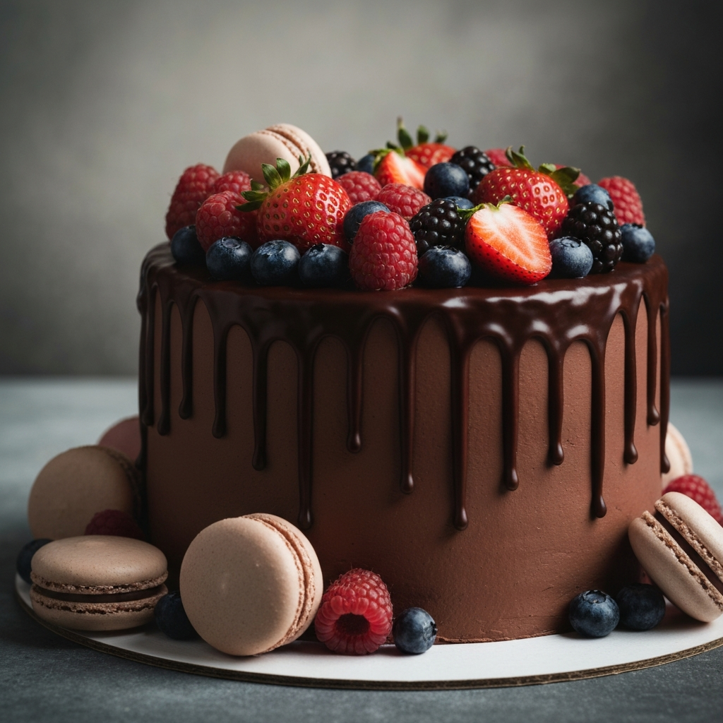 Chocolate drip cake with berries and macarons