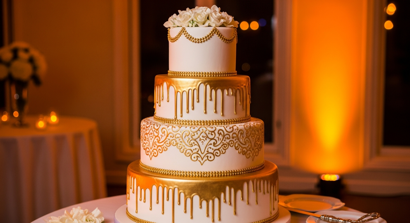 Three-tier wedding cake with gold accents